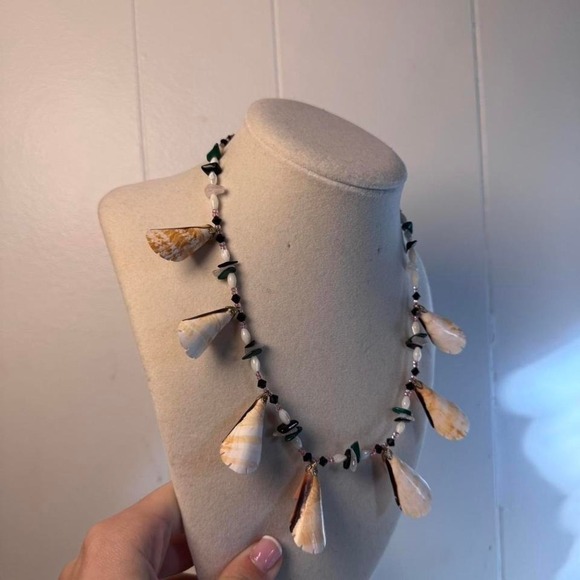 Handmade Shell Fringe Statement Necklace Gemstone Beaded Coastal Boho Beach - Picture 7 of 8